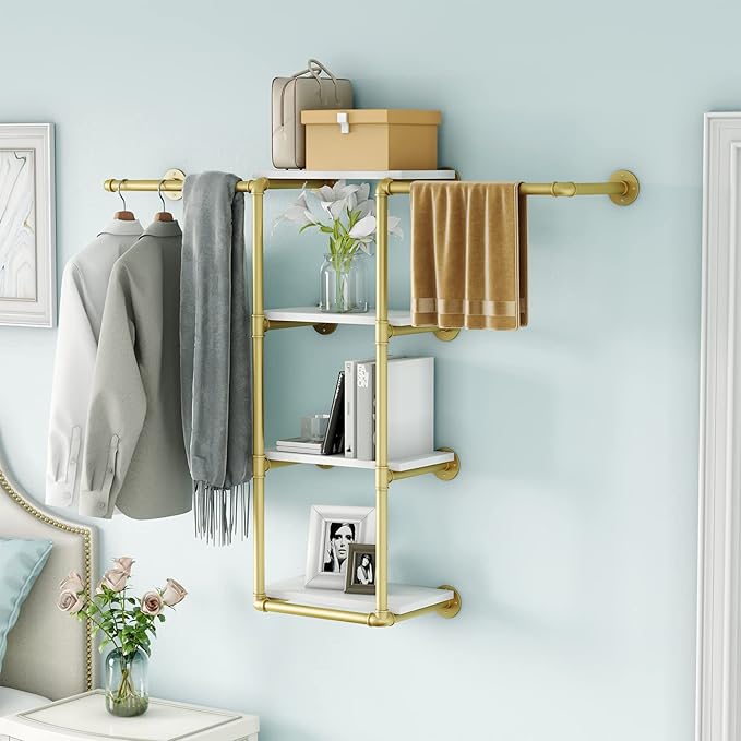 Wall Mounted Pipe Clothing Rack with Shelf,Gold Industrial Clothes Rack with 4 Tier Closet Bar Heavy Duty Iron Garment Rack, Retail Display Clothes Rod for Hanging Clothes,Laundry Room (Gold)