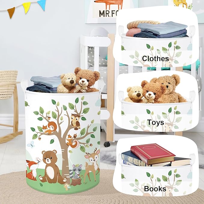 Forest Animals Laundry Hamper Woodland Tree Large Storage Basket Parents Organizer Kids Clothes Toy Bins for Bedroom, Bathroom, Squirrel, 63L