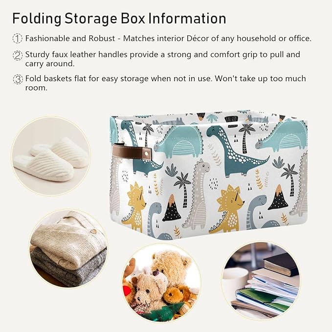 Dino Scandinavian Style Rectangle Storage Bin, 15 x 11 x 9.5 in, Collapsible Organizer Storage Basket for Home Décor，2PACK