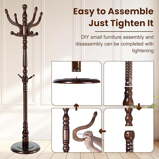 Freestanding Coat Rack with 11 Hooks, Sturdy Wooden Hall Tree for Entryway, Heavy-Duty Disc Base for Hats, Jackets, Bags, Easy Assembly for Bedroom, Hallway, Office