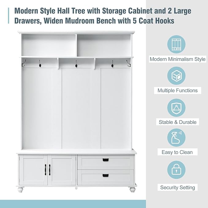 80.3" Tall Hall Tree with Storage Cabinet and 2 Large Drawers, Modern Wooden Coat Hanger with 5 Coat Hooks and 2 Open Shelfs, Storage Bench, Entryway Bench