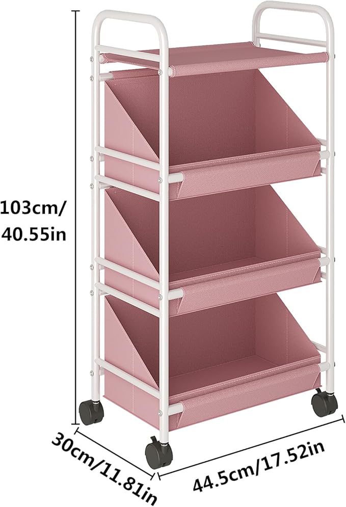 Buzowruil Utility Rolling Fabric Storage Rack Trolley Toy Cart Trolley with 3 Large Storage Boxes,Wheels, Suitable for Bedroom, Living Room, Entryway, Pink