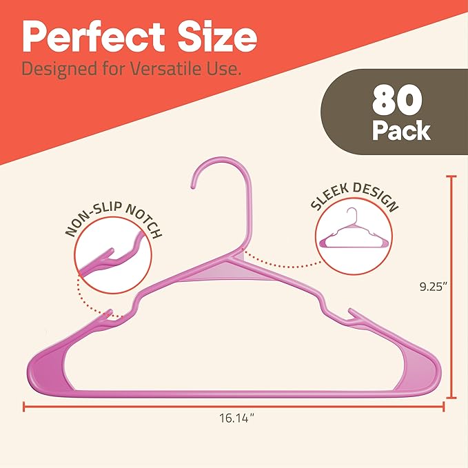 Pink Plastic Hangers 80 Pack– Heavy-Duty Plastic Hangers Slim and Space-Saving, Durable and Lightweight PP with Non-Slip Shoulder Notches for Slip Dresses, Suits, Jackets & Camisoles