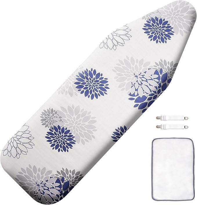 SheeChung Ironing Board Cover and Pad 15" x 49",Iron Board Cover with Elastic Edge & Adjustable Fastener,Cotton Covers Resist Scorching and Staining Extra Thick Padding,Silicone Coating,Dahlia