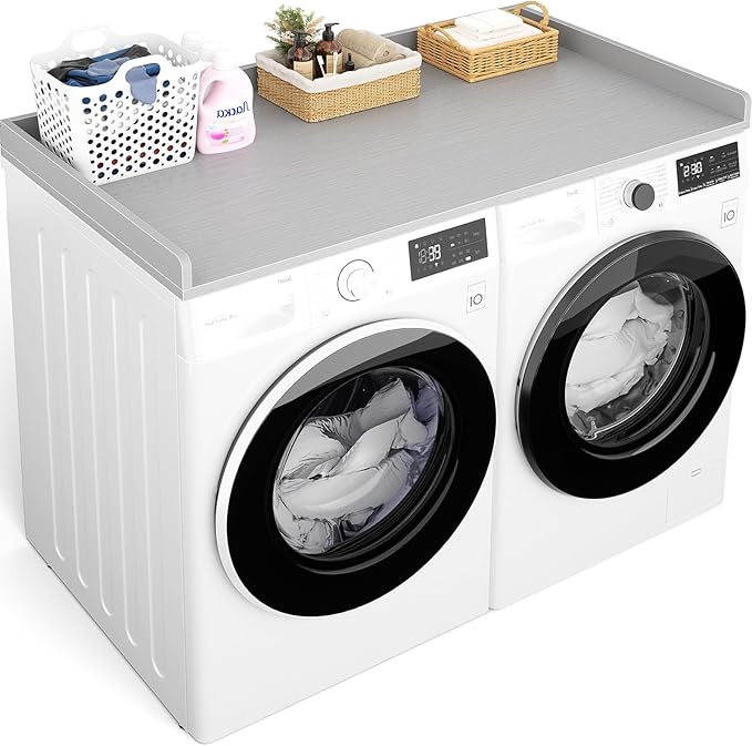 Aheaplus Washer and Dryer Countertop, Laundry Room Organization with Non-Slip Pads, Wood Shelf Topper with Round Corner Edge Rails, Folding Organizer for Laundry Storage, 54" W x 27.5" D, Grey