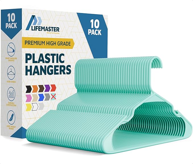 Lifemaster Plastic Clothes Hangers – Heavy Duty Hanger Set, for Organizing Clothes, Dresses, and Coat, Holds Up to 5 lbs, Space-Saving Hangers with Non-Slip Shoulder Grooves, Pack of 10, Aqua