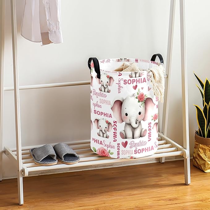Large Custom Name Laundry Hamper, Elephant Personalized Dirty Clothes Hamper Storage Basket with Name for Bathroom Bedrooms, Customized Name Circular Hamper with Handles for Baby Boys Girls Men Women