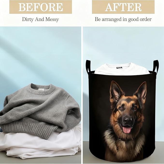 German Shepherd Dog Laundry Basket Hamper for Boys Girls Kids Adults, Foldable Waterproof Oxford Clothes Storage Bin, Pet Organizer for Bedroom Bathroom Room Decor 19.7"x15.8"