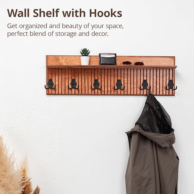 Rustic Wall Mounted Coat Rack with Shelf Wooden Entryway Organizer with 5 Metal Hooks for Coats Hats Towels Keys Floating Storage Shelf for Bathroom Bedroom (Mango Oxide, 32 inch Striped (4 Hooks))