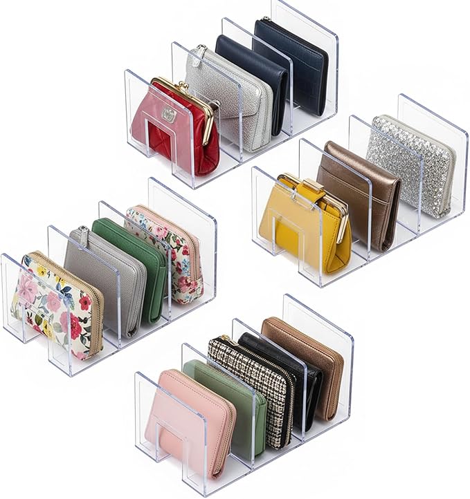 YAGELI Clear Acrylic Purse/Handbag Organizer - 3 Sections Divider for Closet Storage - Sturdy Organizer Rack for Purses, Handbags, and Clutches (4Pack-3Sections)