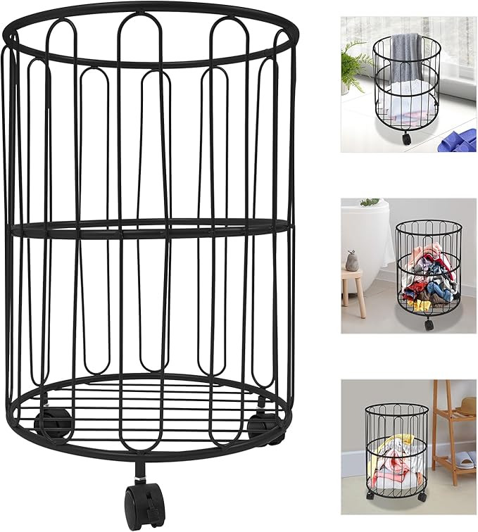 Rolling Laundry Cart Round Metal Laundry Basket,Storage Organize Hamper Basket for Closet Living Room Bathroom (Black)