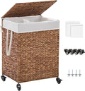 2-Section Laundry Hamper with Lid, Large Capacity Woven Natural Water Hyacinth Laundry Sorter with Removable Liners, Rolling or Non-Slip Design for Bedroom (Espresso, 100L)