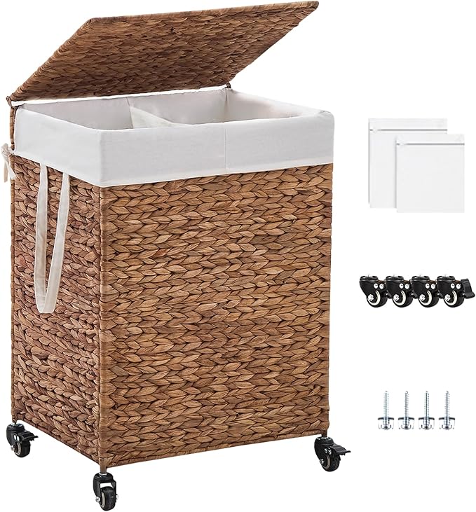 2-Section Laundry Hamper with Lid, Large Capacity Woven Natural Water Hyacinth Laundry Sorter with Removable Liners, Rolling or Non-Slip Design for Bedroom (Espresso, 100L)