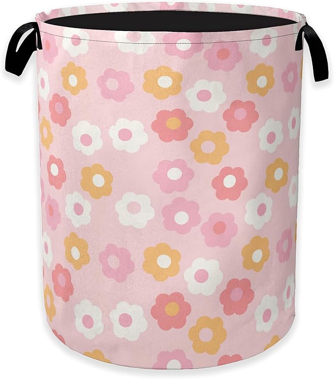 60s Groovy Flowers Laundry Basket,Pink Floral Clothes Hamper,Oxford Cloth Collapsible Nursery Hamper Storage Organization for Bedroom,Bathroom,Office,College Dorms,16x20 Inch