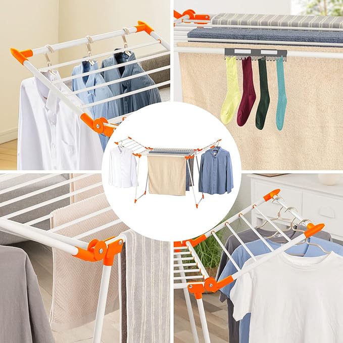 Clothes Drying Rack, Gullwing Laundry Rack, Collapsible, Space-Saving Laundry Rack, with Bonus Sock Clips, for Clothes, Towels, Linens, Indoor/Outdoor, Orange