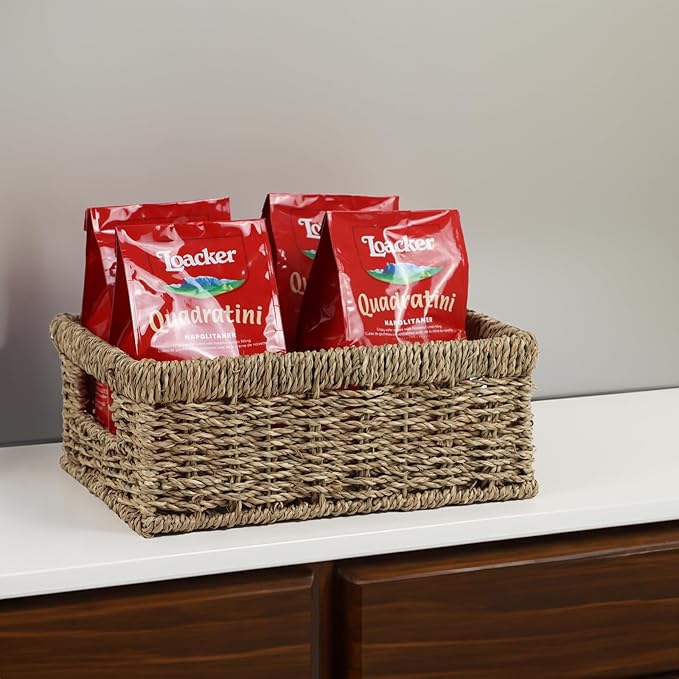 Wicker Baskets, Baskets for Organizing, Rattan Woven Basket for Storage, Organizer Bins with Built-in Handles, Storage Basket for Shelves (Seagrass, Small)