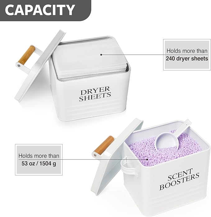 Calindiana Modern Farmhouse Laundry Powder Container, Dryer Sheets Holder and Scent Boosters Container Bundle for Organization and Storage, Laundry Room Decor