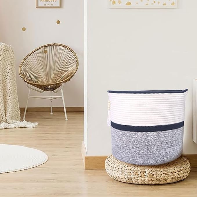 Large Woven Rope Laundry Hamper, Cotton Rope Storage Basket with Handles, Multipurpose Storage Basket for Laundry, Toys, Blankets in Bedroom, Bathroom, Living Room - Stylish & Durable (Black, 55L)