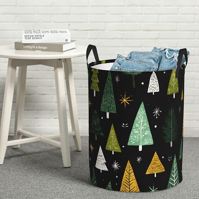 Christmas Tree Pattern Laundry Hamper, Collapsible Storage Basket with Handles for Clothes, Bedroom, Bathroom 19.6 x15.7 Inch