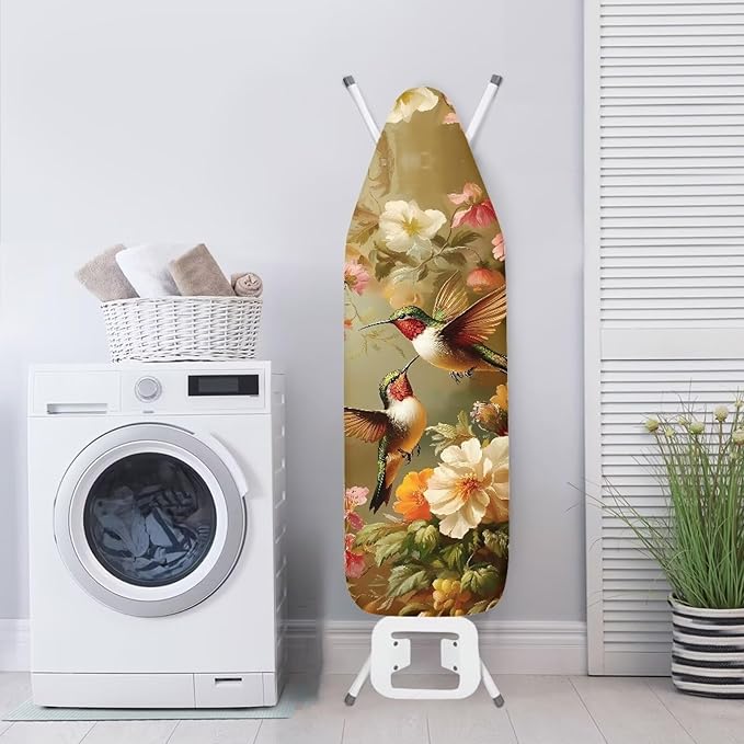 Hummingbird Flower Cover for Ironing Board 15x54 Inch Standard Size Iron Board Cover with Elastic Edge Universal Fit, Hook and Loop Design