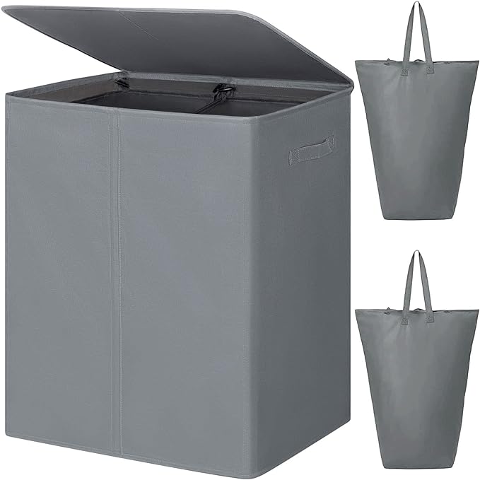 WOWLIVE 154L Double Laundry Hamper with Lid and Removable Laundry Bags, Large Dirty Clothes Hamper 2 section Collapsible Laundry Basket Dorm Room Storage for Bedroom, Bathroom, College,Grey