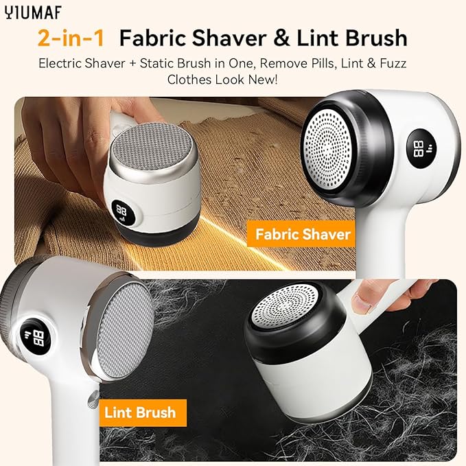Cordless Rechargeable 2-in-1 Fabric Shaver & Lint Remover for Clothes, Electric Pill Remover with Static Brush for Sweater, Sofa, Blanket, Furniture,3-Speed, USB-C, 6-Blade
