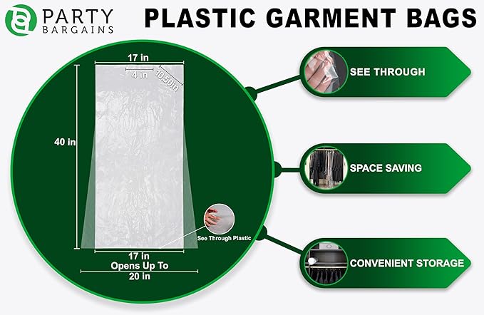 PARTY BARGAINS 40 x 20 Inch Disposable Clear Garment Bags, 100 Pack – Heavy-Duty Plastic Clothes Covers for Suits Dresses Coats, Closet & Travel