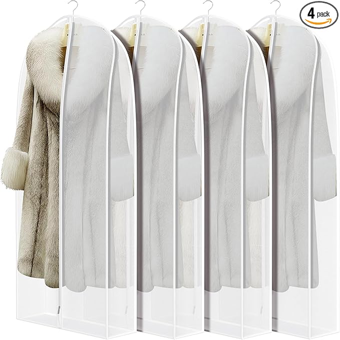 Zilink Breathable Garment Bags for Fur Coat 50” Suit Bags for Closet Storage Silky Suit Dust Covers for Hanging Clothes with 7" Gussted Wrinkle Free for Leather Clothing, Fur Coat, White, Set of 4
