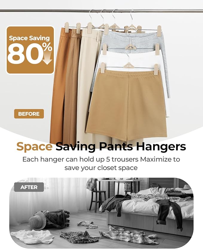 Pants Hangers with Clips 50 Pack - Space Saving Stackable Shorts Skirt Hangers with Clips - Non-Slip, Adjustable for Men, Women, Kids, Children, Baby, Beige