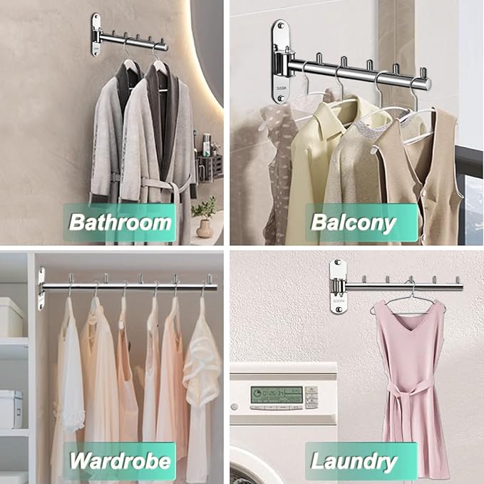 Clothes Hanger Rack Swing Arm, Folding Clothes Hanger Wall Mounted Space Saving Drying Rack, Stainless Steel 304 Laundry Room Valet Hook Holder, Foldable Hanging Hook Rod (Silver)