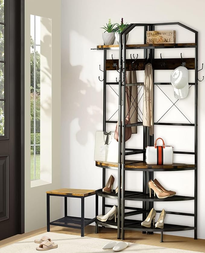 Corner Coat Rack with Storage, Entryway Hall Tree with Bench and 8 Metal Hooks, Freestanding Clothes Rack Shoes Shelf Organizer for Home Office Bedroom, Rustic Brown