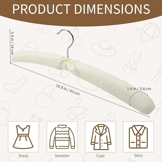 10 Pack Anti Slip Padded Hangers, 17 Inch Beige Cushioned Hangers with Sponge Shoulder Pads for Coat, Sweater and Wedding Dress