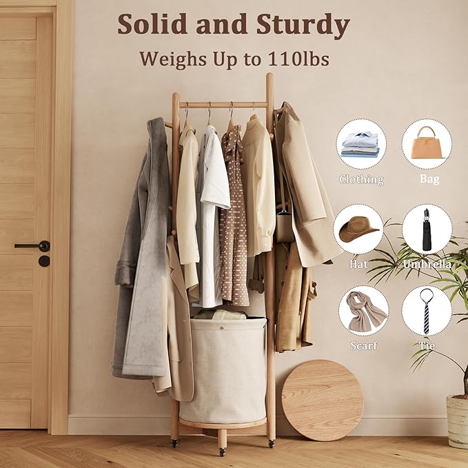 Solid Wood Coat Rack with Fabric Basket - Coat Hanger Stand Coat Tree Rack Freestanding with 9 Hooks Wheels, Small Clothes Rack For Entryway Bedroom Hallway Living Room