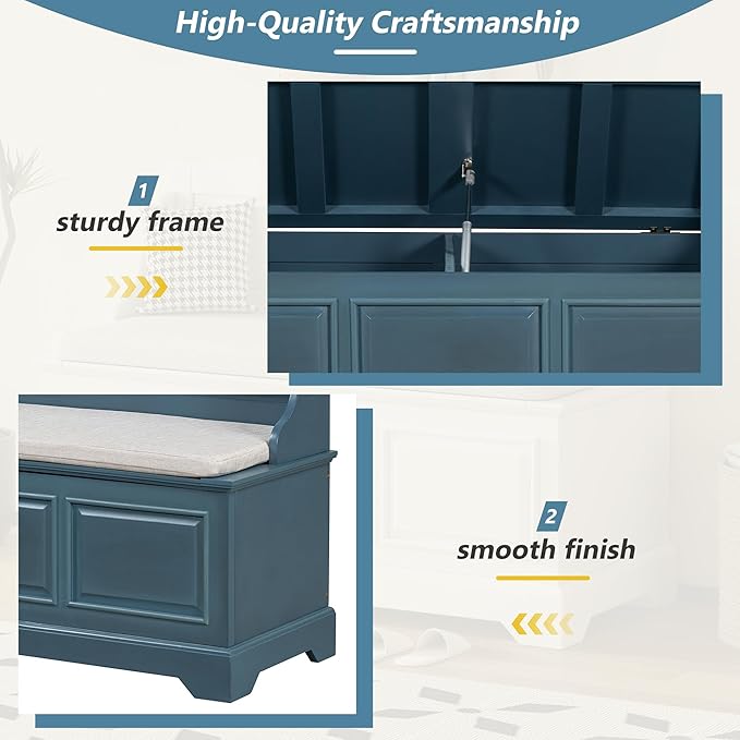 LUMISOL Shoe Storage Bench with Cushion, Farmhouse Entryway Bench with Soft-Close Devices and Hidden Storage, Upholstered Storage Ottoman for Living Room, Entryway, Bedroom, Antique Navy