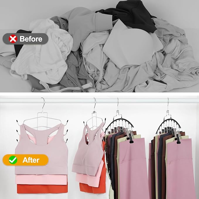 TOPIA HANGER 4 Pack Gym Clothes Organizer, 2 Pack Tank Top Hangers with 2 Pack Leggings Hangers Space Saving Hang 20 Sets Tank Top Bra with Leggings Shorts Pants Yoga Outfits for Closet Black CT78B
