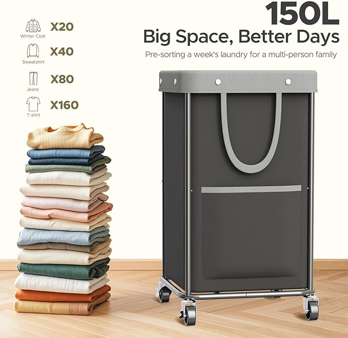 JYPS Laundry Basket With Wheels, 150L Large Rolling Hamper W/Metal Frame & Removable Bag, Waterproof Oxford Fabric, 2 Side Bags, Dirty Clothes Storage Cart For Laundry Room, Dorm, Bedroom