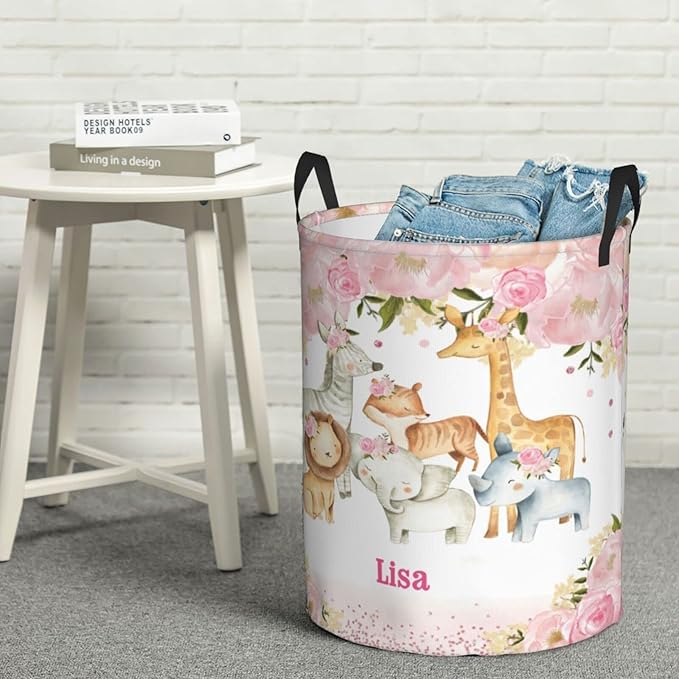Giraffe Lion Pink Flower Personalized Laundry Basket Name Clothes Hamper with Handles Waterproof Laundry Storage Baskets for Bedroom Bathroom Decor.