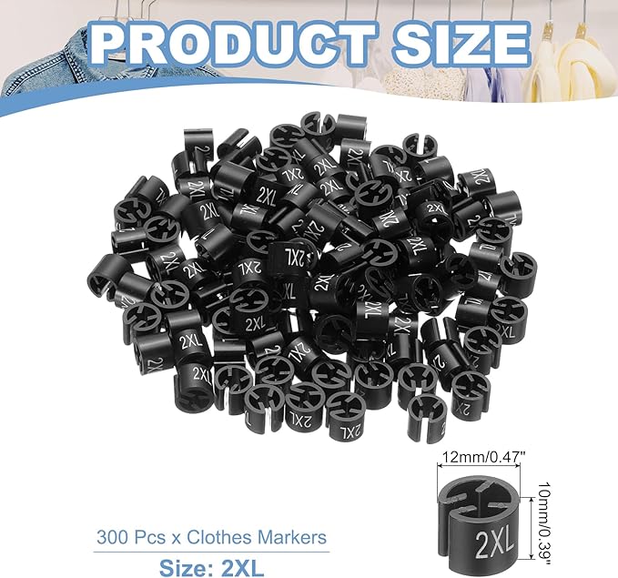 PATIKIL 300 Pcs Clothes Hanger Markers 2XL Fit Rod Garment Size Tag Hanger Clips Round Color Coding Label for Clothing, Black