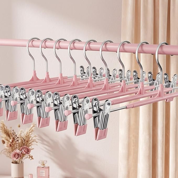 Pants Hangers with Clips 10 Pack Adjustable Non-Slip Heavy Duty Skirt Hangers, Space Saving Clothes Hangers for Jeans, Trousers, Shorts, Slacks, Dresses - 12 Inch, Pink