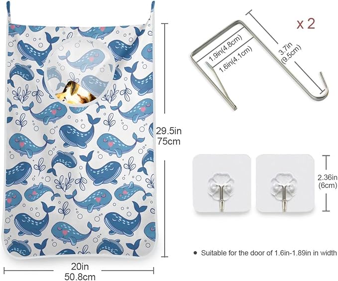Hanging Laundry Hamper Over Door with Stainless Steel Hooks Dirty Clothes Hamper Bag 29.5X20inch 2PCS Cute Whale
