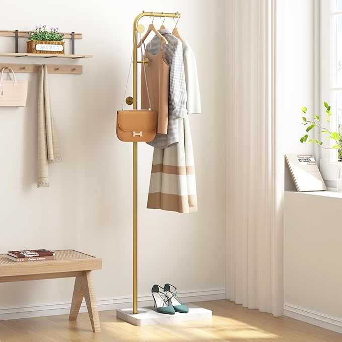 HOMEFORT Metal Coat Rack, Modern Coat Tree with 3 Hooks, L Shaped Coat Hanger Stand, Freestanding Coat Rack for Entryway and Corner, Gold
