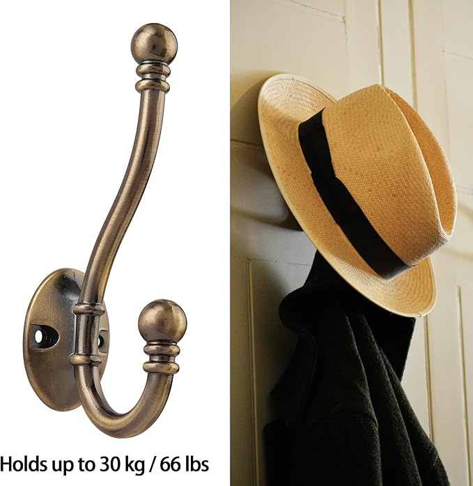 HASWARE 6 PCS Double Prong Robe Hook, Large Dual Coat Hooks with 12 Pieces Screws Wall Mounted Hooks Robe Antique Hooks Hangers Heavy Duty for Home Coats Hat Clothes Hanger Towel Keys (Antique Brass)