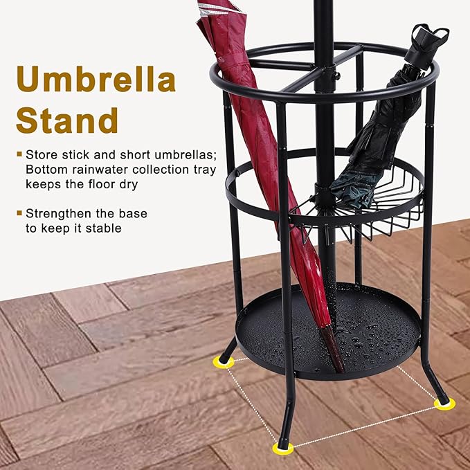 Freestanding Coat Rack with Umbrella Stand,Metal Coat Tree with 12 Hooks, Black Modern Coat Rack Stand,Coat Purse Hat Rack Umbrella Stand for Entryway, Living Room, Bedroom, Office