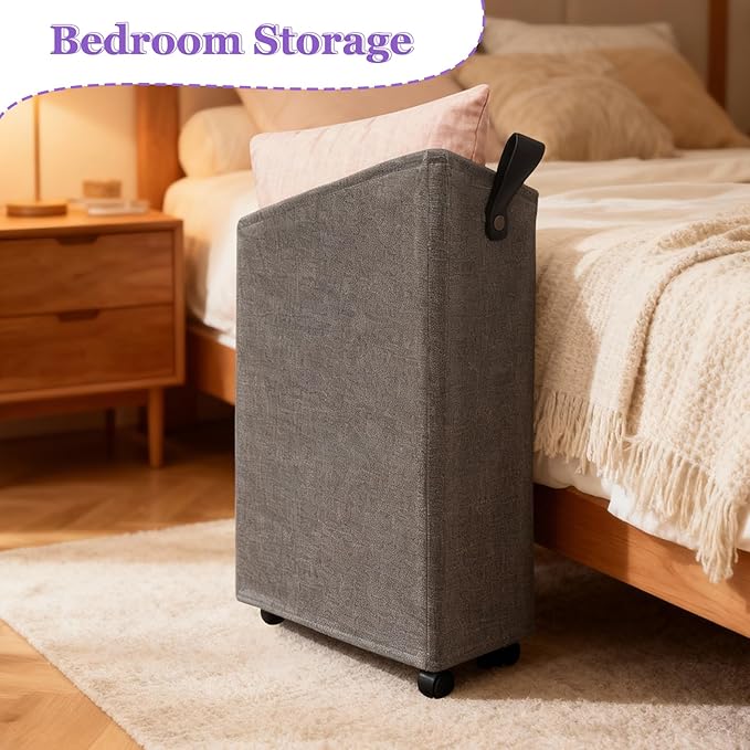Slim Rolling Laundry Basket with Wheels, 42L Narrow Laundry Hamper with Mesh Drawstring Cover & Handles, Collapsible Dirty Clothes Bin for Small Spaces, Dorm, Apartment, Bathroom, Dark Grey