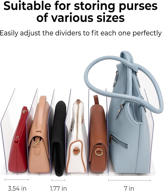 Acriloom Essentials Purse Organizer for Closet – Adjustable Bag Organizer with 2 Bases & 8 Dividers, Heavy-Duty Clear Design for Home & Personal Organization, Easy to Set Up and Maximize Closet Space