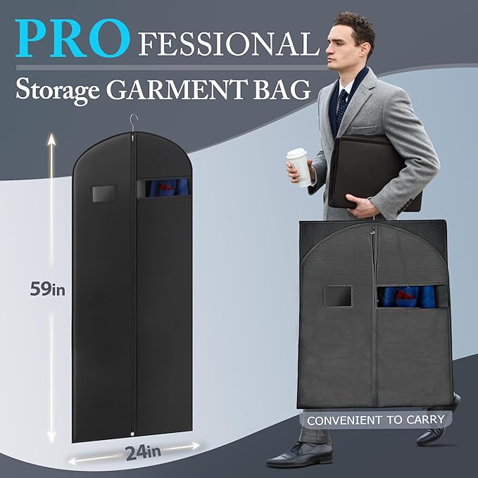 5 Pack 60-inch Suit Bag Garment Bag for Travel and Storage, Garment Bags for Hanging Clothes with Zipper and Visible Transparent Window, Black
