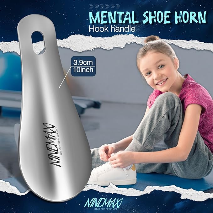 NINEMAX Shoe Horn Long Handle for Seniors Men Women, Metal Long Shoehorn Boot Horn 16.5'', Small Travel Shoe Spoon Helper for Kids 7.5'' and 4''
