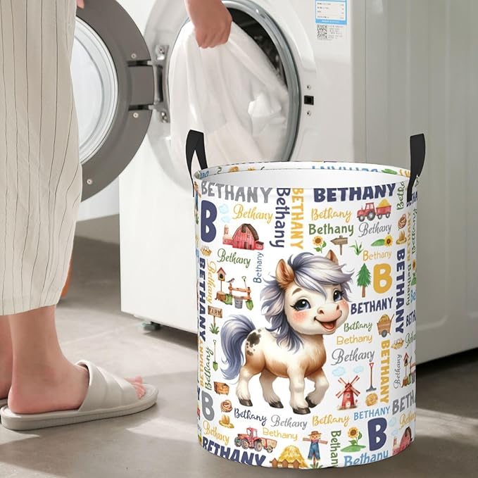 Personalized Farm Horse Laundry Basket For Baby Kids Boys Girls Adult Custom Hamper Basket With Name For Bathroom Bedrooms Collapsible Baby Laundry Basket, Dirty Clothes Hamper With Handles