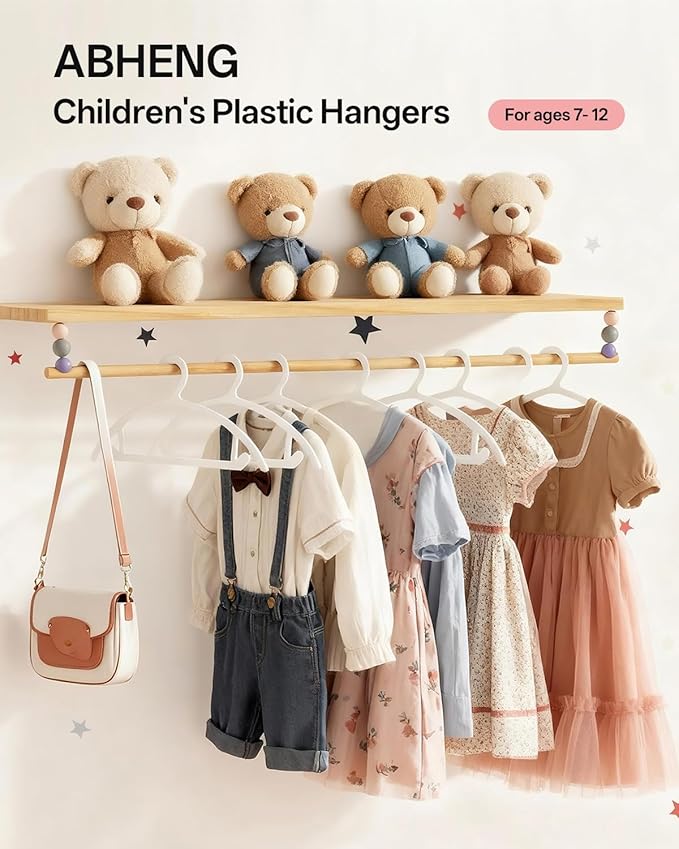 60 Pack Kids Hangers, Non-Slip & Sturdy Coat Hangers, Ultra-Thin Plastic Suit Hangers for 7-12 Years Old, Dry & Wet Dual-Use Multi-Scenario Storage, Holds Up to 11 LB, 14" W, White, UAPY0960W