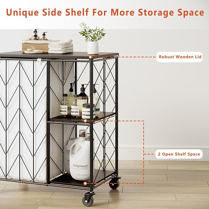 WOWLIVE Laundry Hamper with Lid, 95L Rolling Laundry Basket with Shelves, Iron-Made Laundry Cart with Wheels, Removable Liner, Laundry Room Organization, Bathroom, Black and White